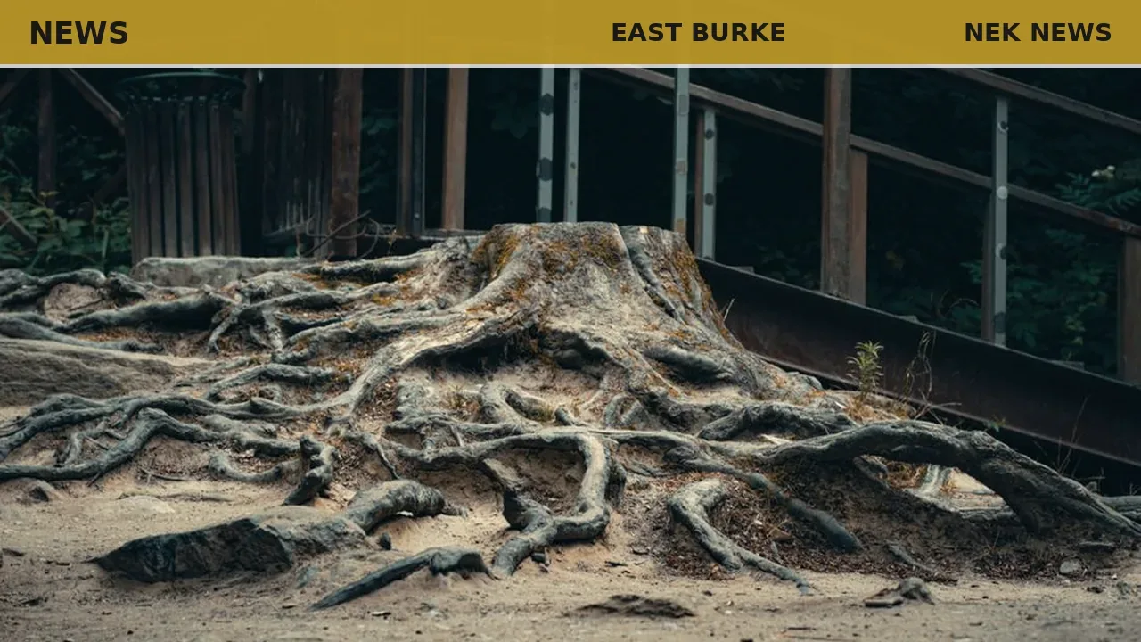 East Burke tree uprooted by July 9 storm, leans over roadside